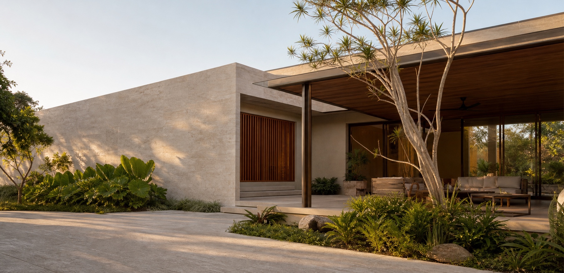 Residência contemporânea cercada por vegetação